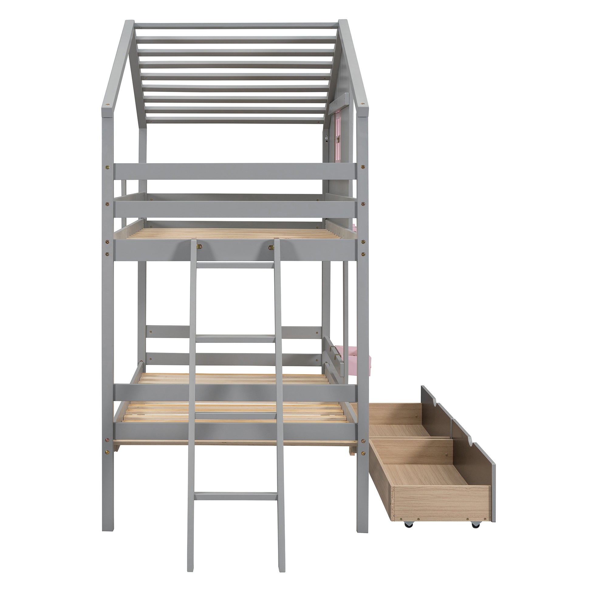 Twin Over Twin Bunk Bed With 2 Drawers, 1 Storage Box, 1 Shelf, Window And Roof Gray Old Sku:Lt001608Aae Twin Gray Solid Wood