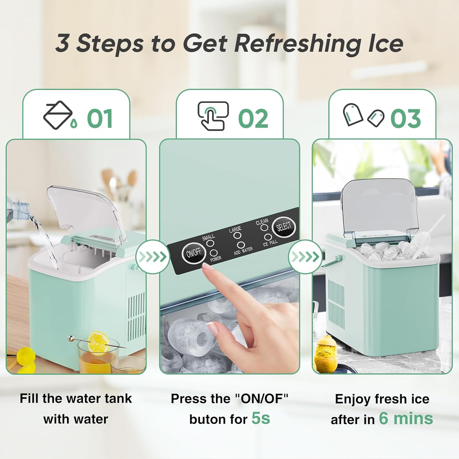 Countertop Ice Maker Machine Self Cleaning, Fast Making 9 Ice Cubes In 6 Minutes, 26.5Lbs 24Hrs, 2 Sizes Bullet Ice, Portable Ice Machine With Ice Scoop, Basket And Handle, Green Green Plastic