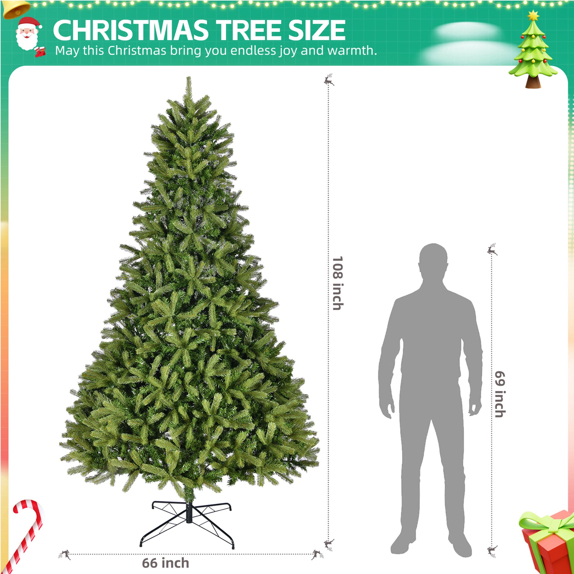 9Ft Artificial Christmas Tree With 2576 Pe&Pvc Mixed Branch Tips, Unlit Hinged Premium Spruce Fake Xmas Trees, Holiday Decoration, Easy Assembly, Foldable Metal Stand, Green Green Pvc