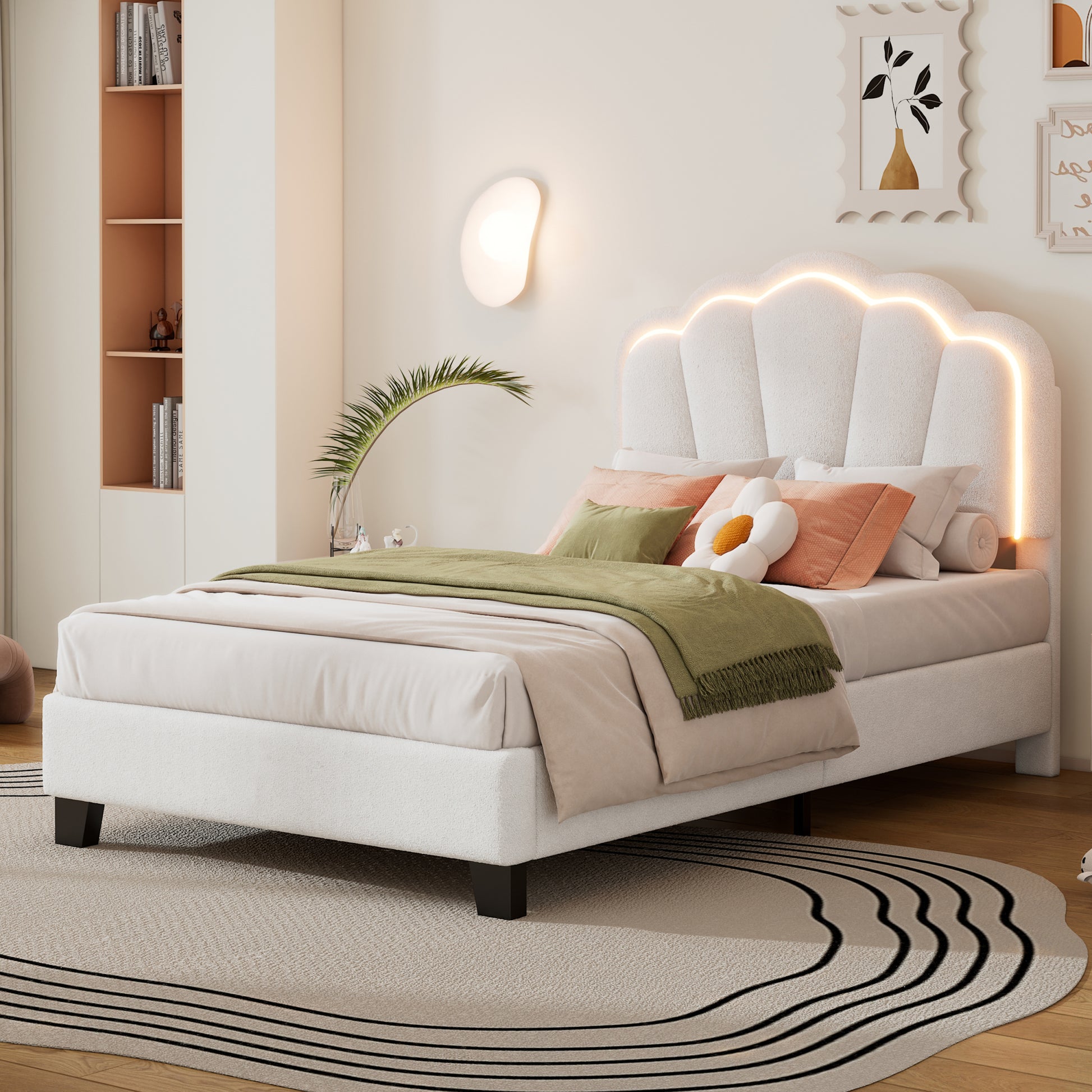 Twin Size Upholstered Flower Shape Bed, Elegant Flowers Headboard With Led Light Stripsherpa Fabric Platform Bed With Wooden Slats Support, White Twin White Wood