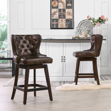 Holmes Tufted High Back 360 Swivel Counter Height Barstool, Mid Brown Faux Leather Brown Foam Faux Leather