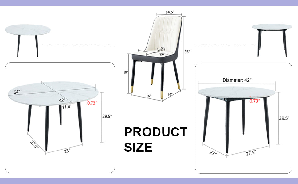 Table And Chair Set.Modern Extendable Mdf Dining Table.The Table Has A Telescopic Design, Suitable For Gatherings Of Different Size.Paired With 4 Chairs With Pu Cushions And Black Metal Legs. Dark Gray,White Seats 4 Mdf Metal