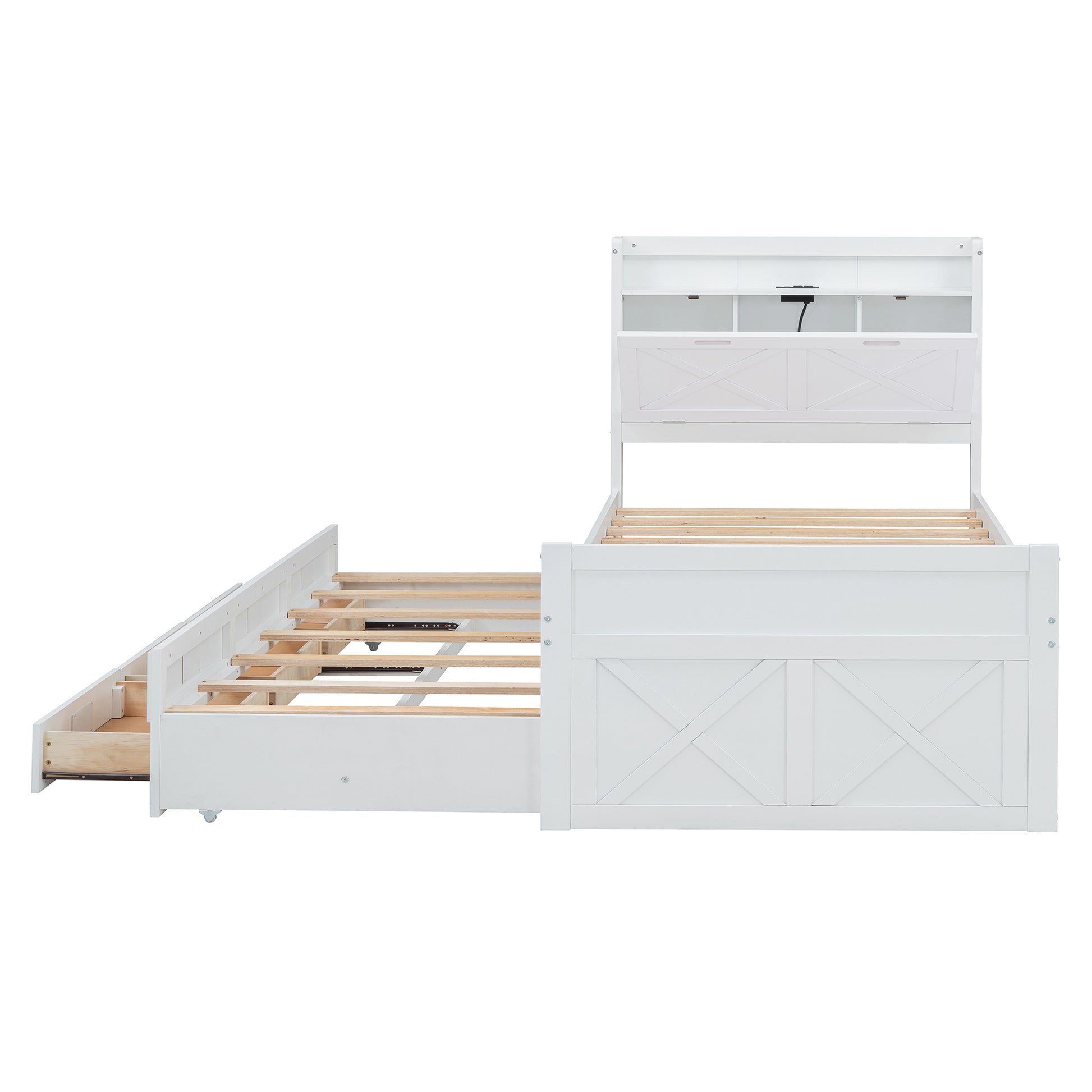 Twin Size Wooden Bed With Storage Headboard With Outlets, Extendable Bed With Twin Size Trundle With Three Storage Drawers,White Expected Arrival Time:8.23 Twin White Wood