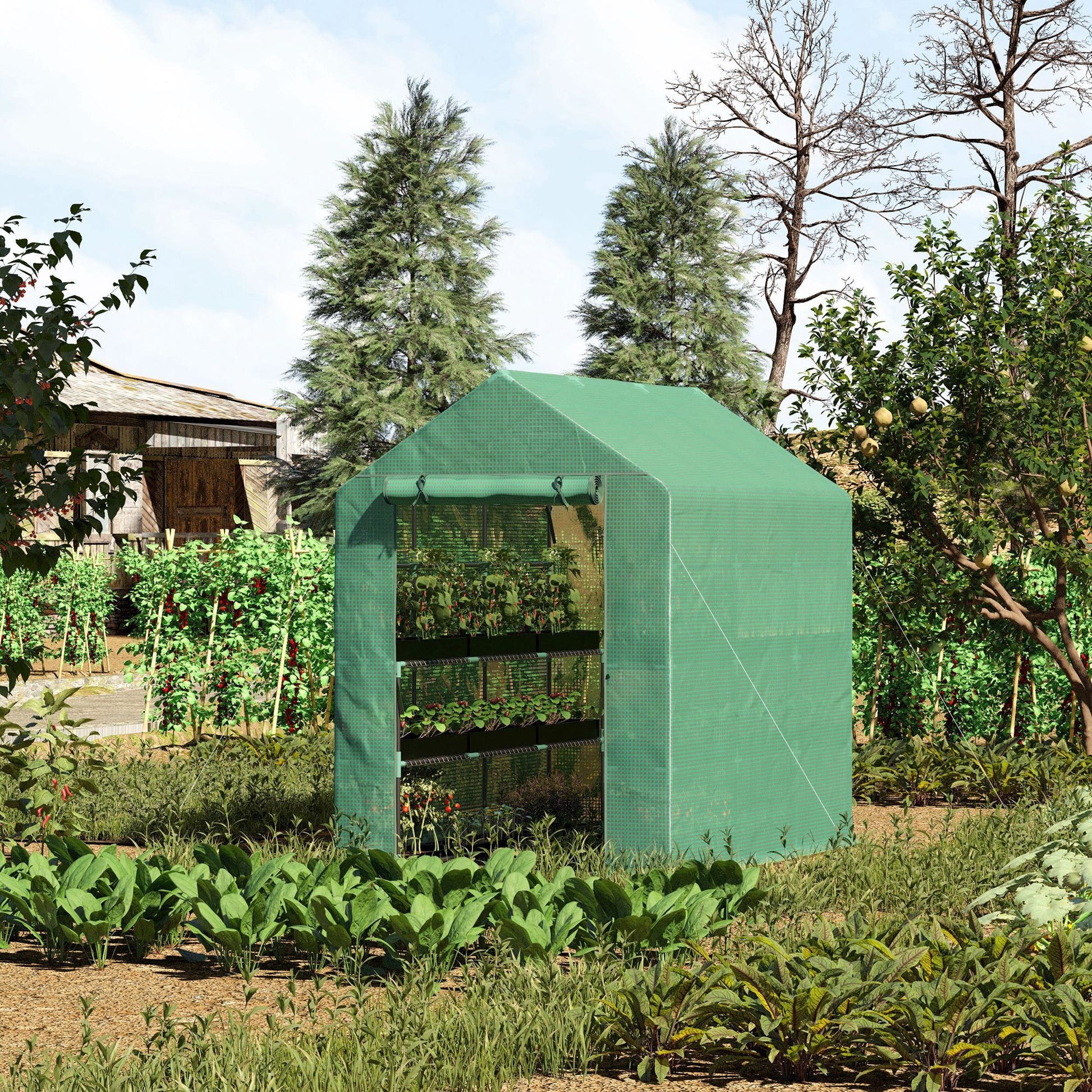 Outsunny 7' X 5' X 6.5' Walk In Greenhouse, Pe Cover, 3 Tier Shelves, Steel Frame Hot House, Roll Up Zipper Door For Flowers, Vegetables, Saplings, Tropical Plants, Green Green Steel