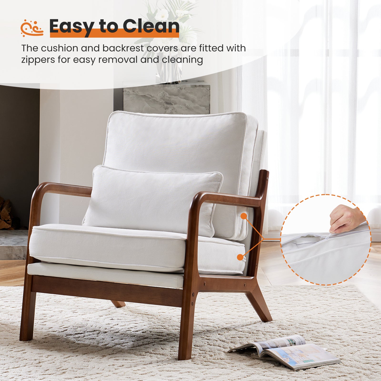 Chair With Lumbar Pillow, Lounge Arm Chairs, Linen Fabric Comfy Reading Chair With Wood Frame For Living Room Beige Acacia Wood