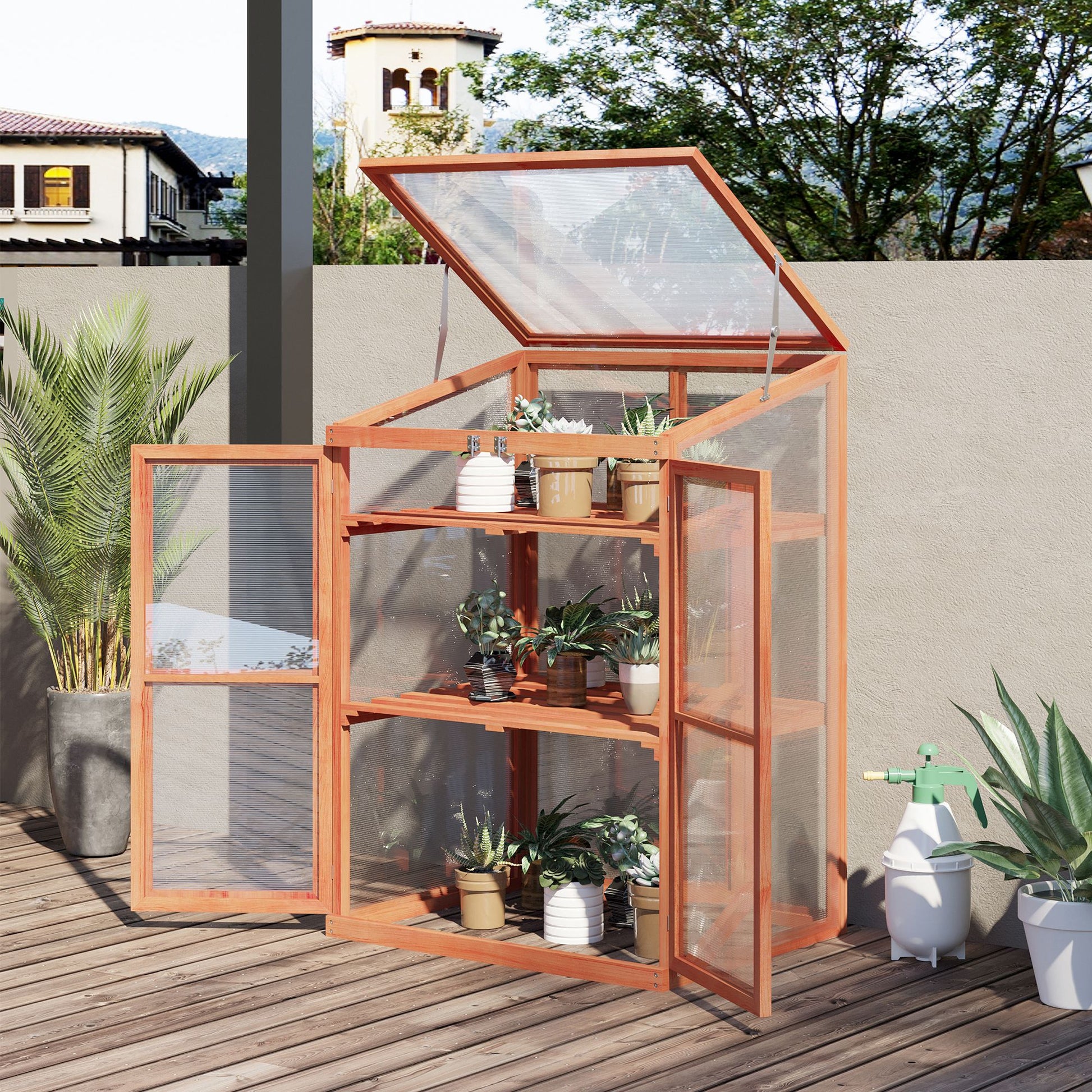 Outsunny Wooden Cold Frame Small Mini Greenhouse Cabinet For Outdoor And Indoor, 30" L X 24" W X 44" H, Natural Natural Wood Wood