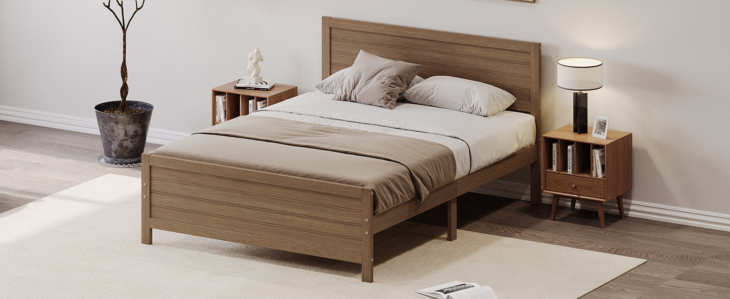 Wood Platform Bed Frame With Headboard, Mattress Foundation With Wood Slat Support, No Box Spring Needed, King Size, Walnut Box Spring Not Required King Walnut Wood Solid Wood Mdf