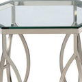 Slade 26 Inch Side End Table, Hexagonal Glass Top, Geometric Base, Chrome Chrome Glass Metal