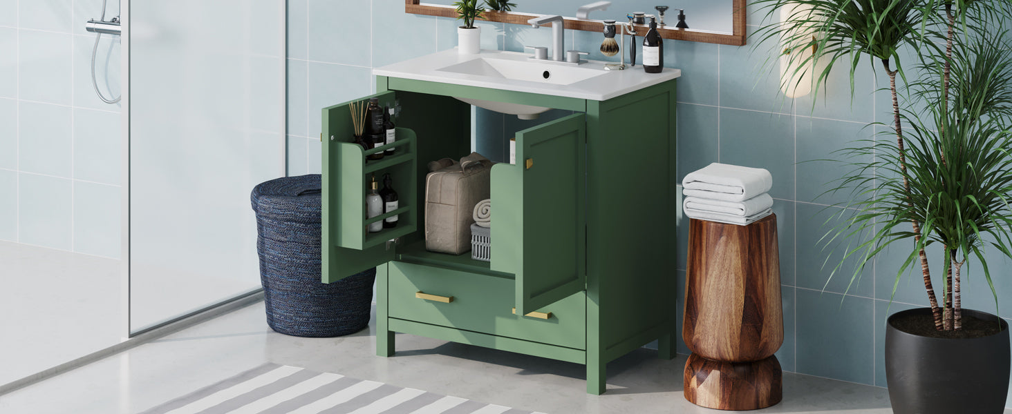 30 Inch Green Bathroom Vanity With Single Sink, Combination Under Counter Sink, Bathroom Storage Cabinet With 2 Doors And A Drawer, Soft Closure, Multifunctional Storage, Solid Wood Frame Green Bathroom Solid Wood Mdf