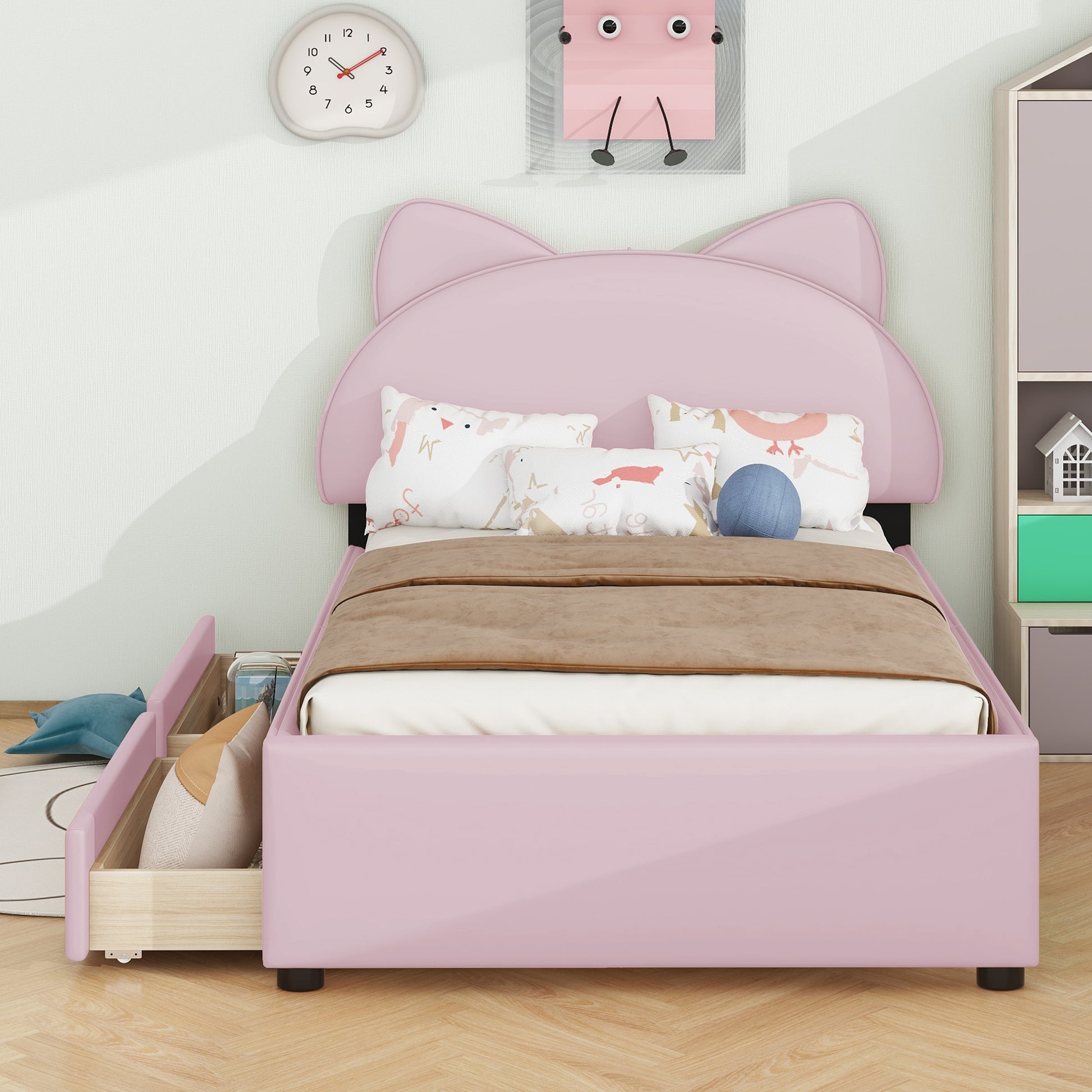 Twin Size Upholstered Platform Bed With Cartoon Ears Shaped Headboard And 2 Drawers, Pink Box Spring Not Required Twin Pink Wood Bedroom Bed Frame Faux Leather Upholstered