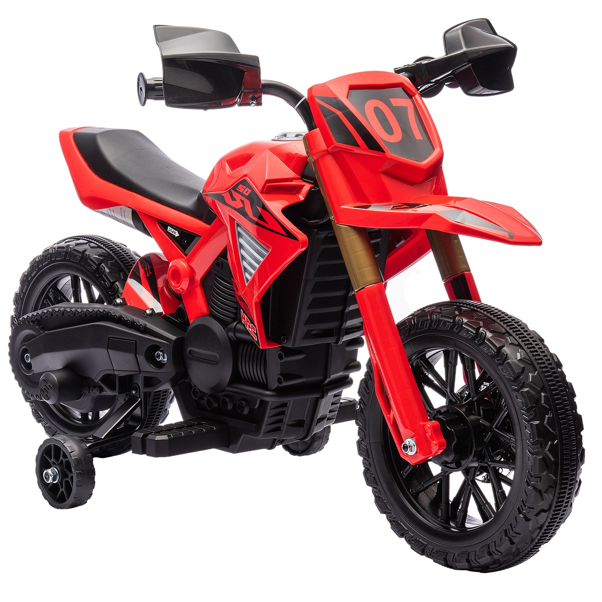 Qaba Kids Motorcycle, 6V Battery Powered Dirt Bike With Training Wheels, Horn & Start Sound, Electric Motorcycle For Kids 3 8 Years, Red Red Plastic