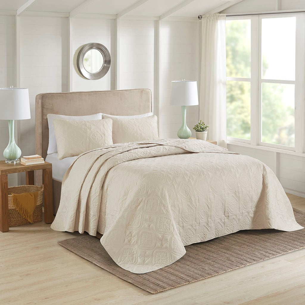 3 Piece Reversible Bedspread Set Cream King Cal King King Cream Microfiber