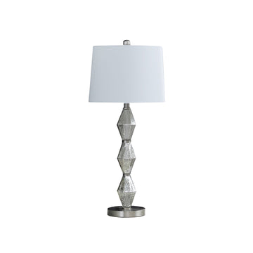 Ruth 30 Inch Accent Table Lamp, Glass Diamond Pedestal Base, White, Silver Silver White Glass Metal