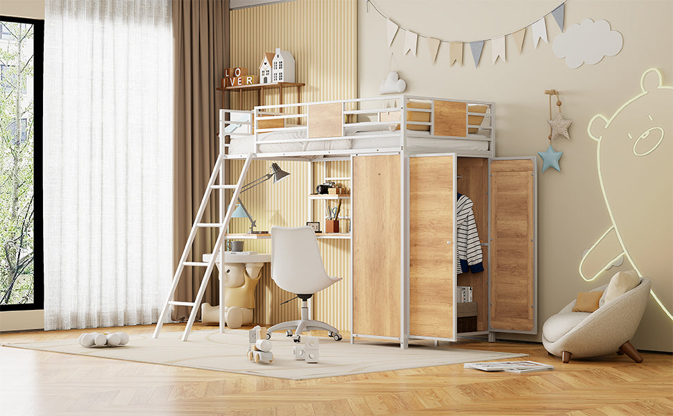 Twin Size Loft Bed With L Shape Desk And Wardrobe, White Twin White Metal & Wood