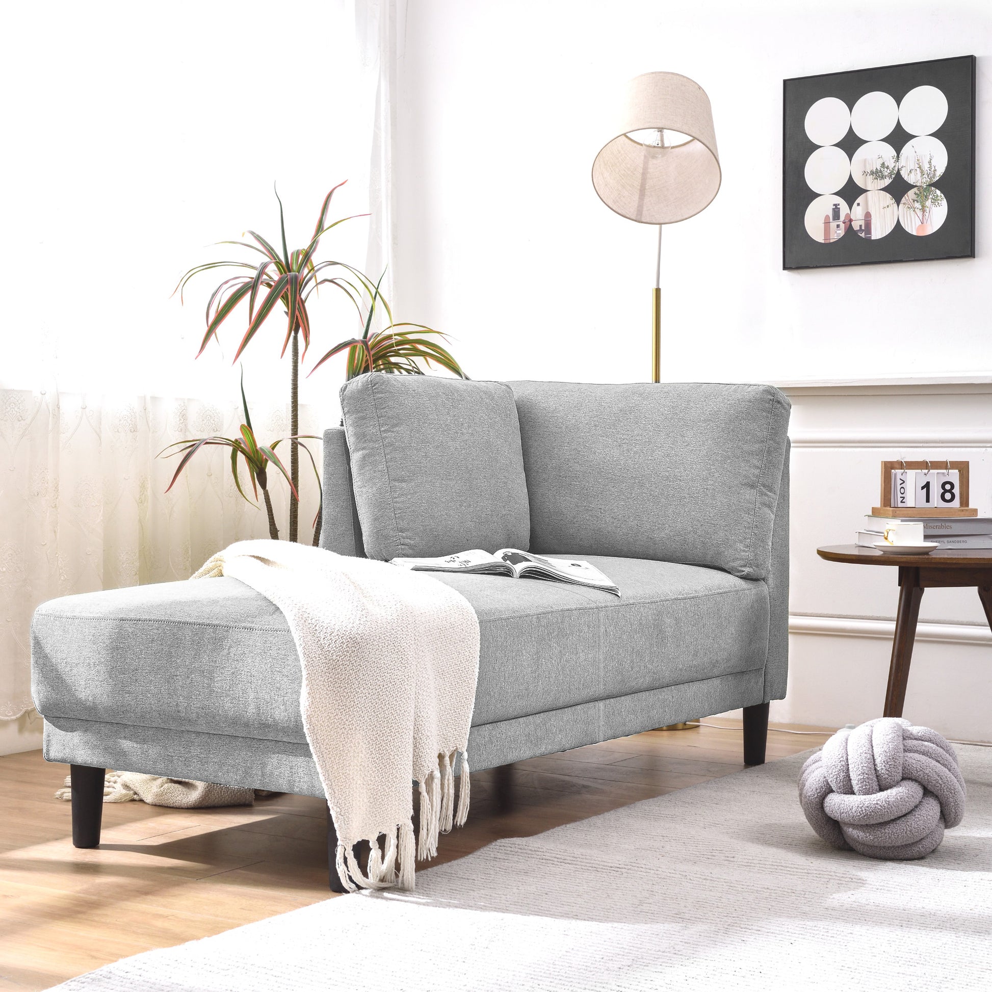 Video 65" Mid Century Modern Linen Fabric Corner Lounge Chair, Upholstered Indoor Chaise Lounge,Sleeper Sofa,Solid Wood Sofa Bed For Bedroom,Office,Small Living Room & Apartment,3 Colors Grey Fabric Fabric