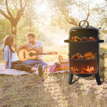 Outdoor Double Layer Grill, Charcoal Wood Fired Braising And Smoking Stove Black Garden & Outdoor American Traditional Steel