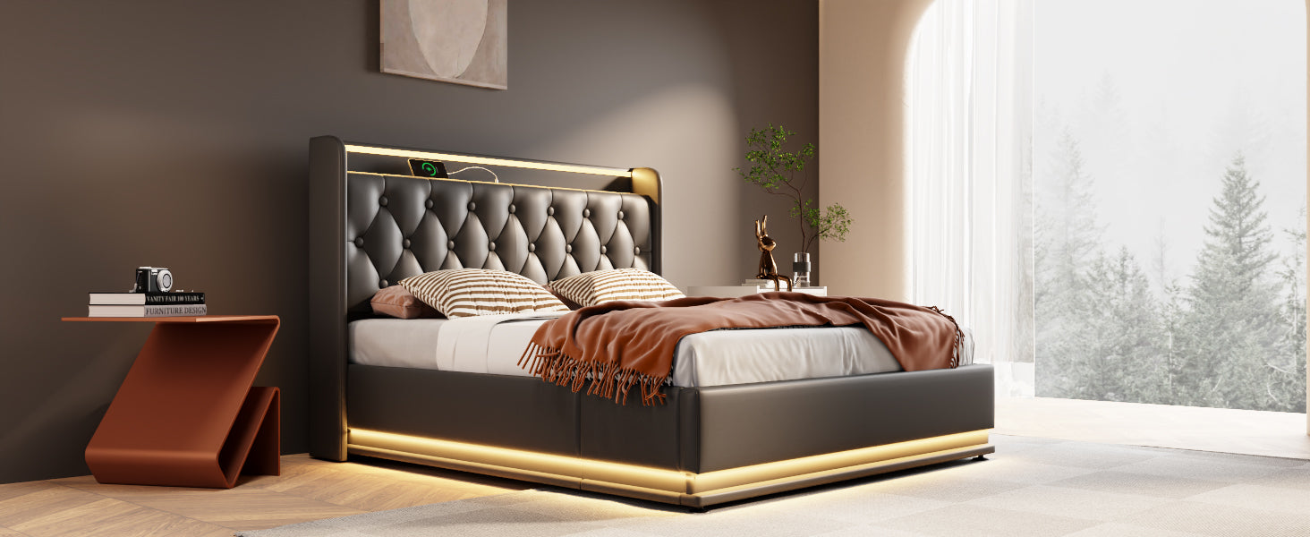 Full Size Upholstered Bed, 360 Surround Led Function, Buttons Apps Remote Control, Hydraulic Storage Bed With Usb Type C Charging, Black,Pu Without Mattress Full Black Pu