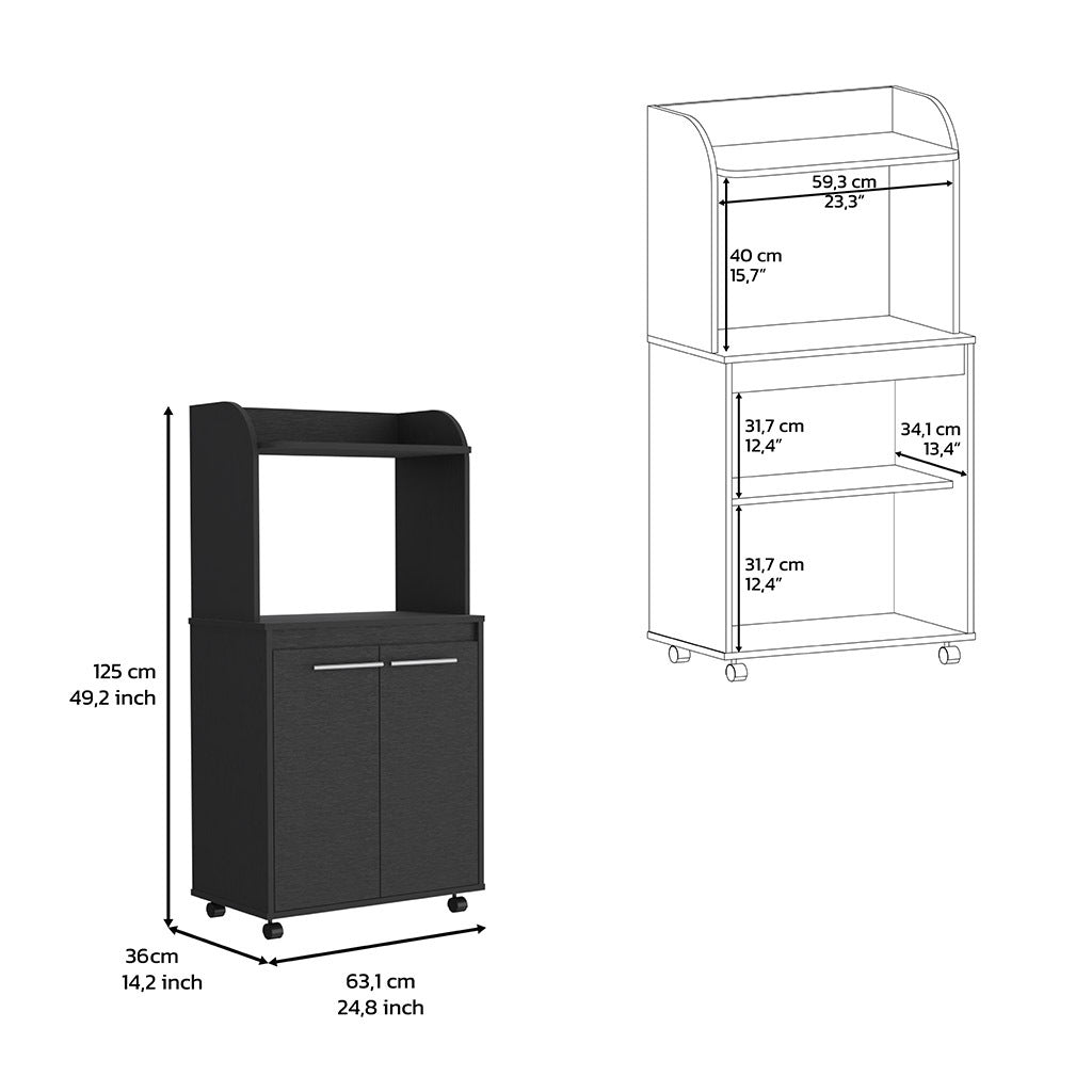 Kitchen Cart 49" H, Two Door Cabinet, One Open Shelf, Two Interior Shelves, Black Black Particle Board Particle Board