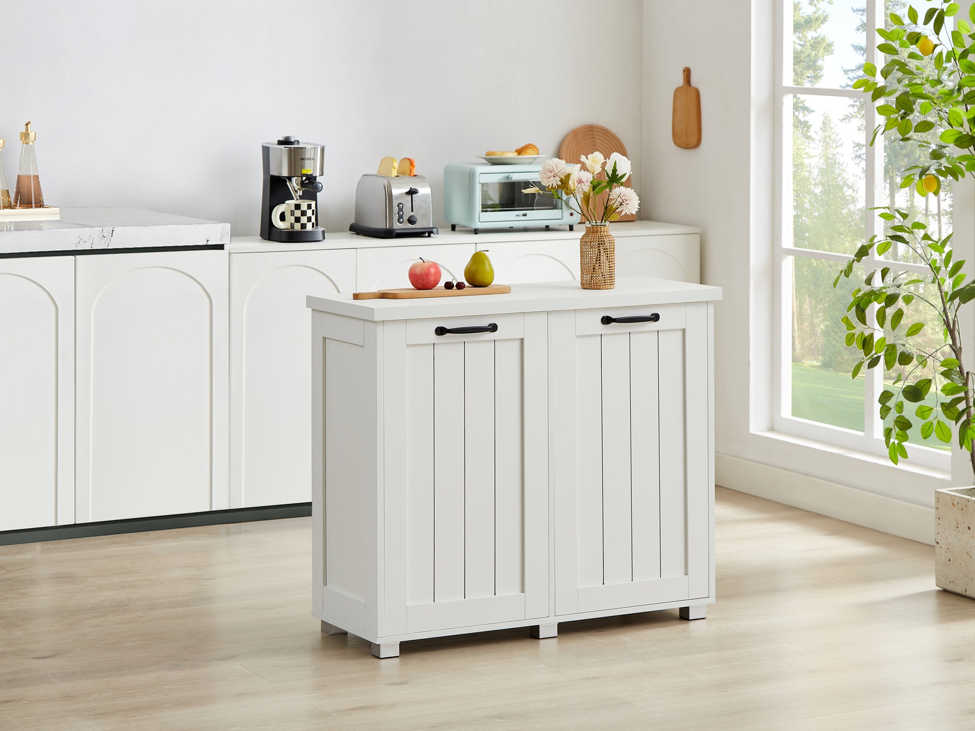 Two Compartment Tilt Out Trash Cabinet, Pet Proof Kitchen Trash Cabinet With Cutting Board, Free Standing Laundry Sorter Cabinet, Laundry Hamper, White White White Particle Board