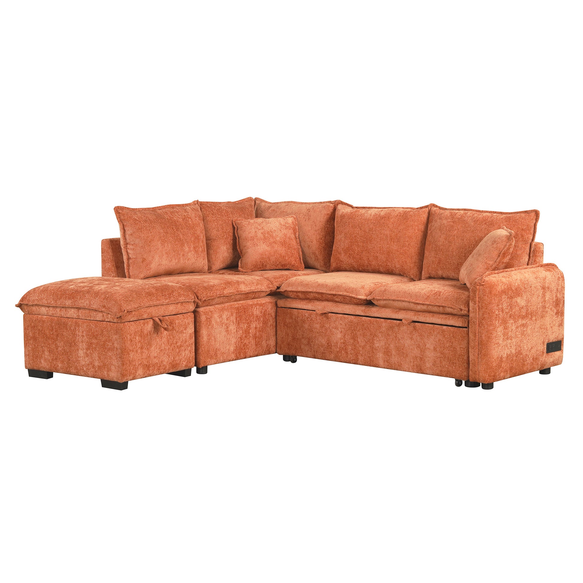 82.67"Convertible Sofa Bed Sectional Sofa Sleeper L Shaped Sofa With A Storage Ottoman,Two Pillows, Two Power Sockets And Two Usb Ports For Living Room, Orange Orange Foam Chenille 4 Seat