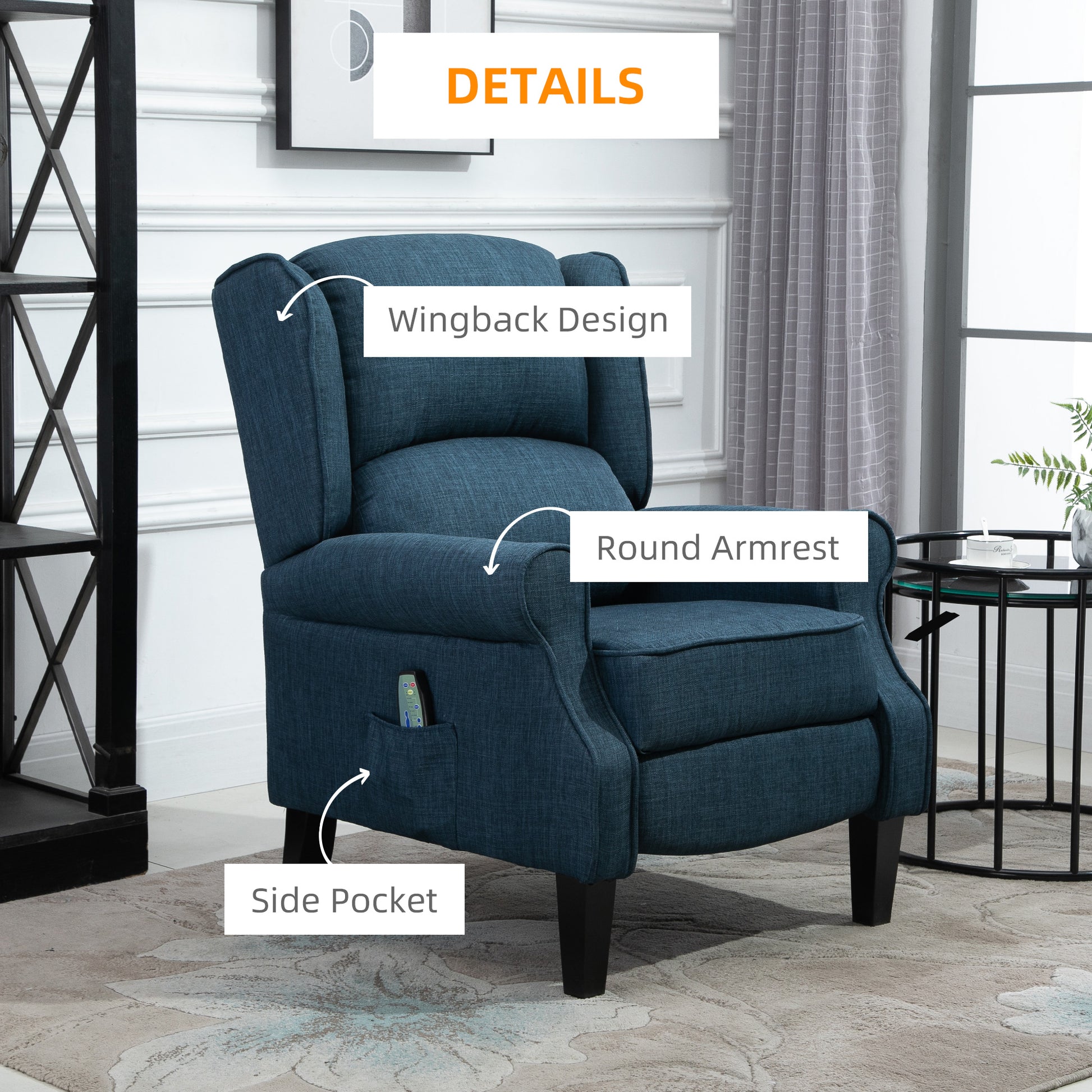 Homcom Massage Recliner Sofa With Heat Function, Remote Control, Blue Blue Polyester