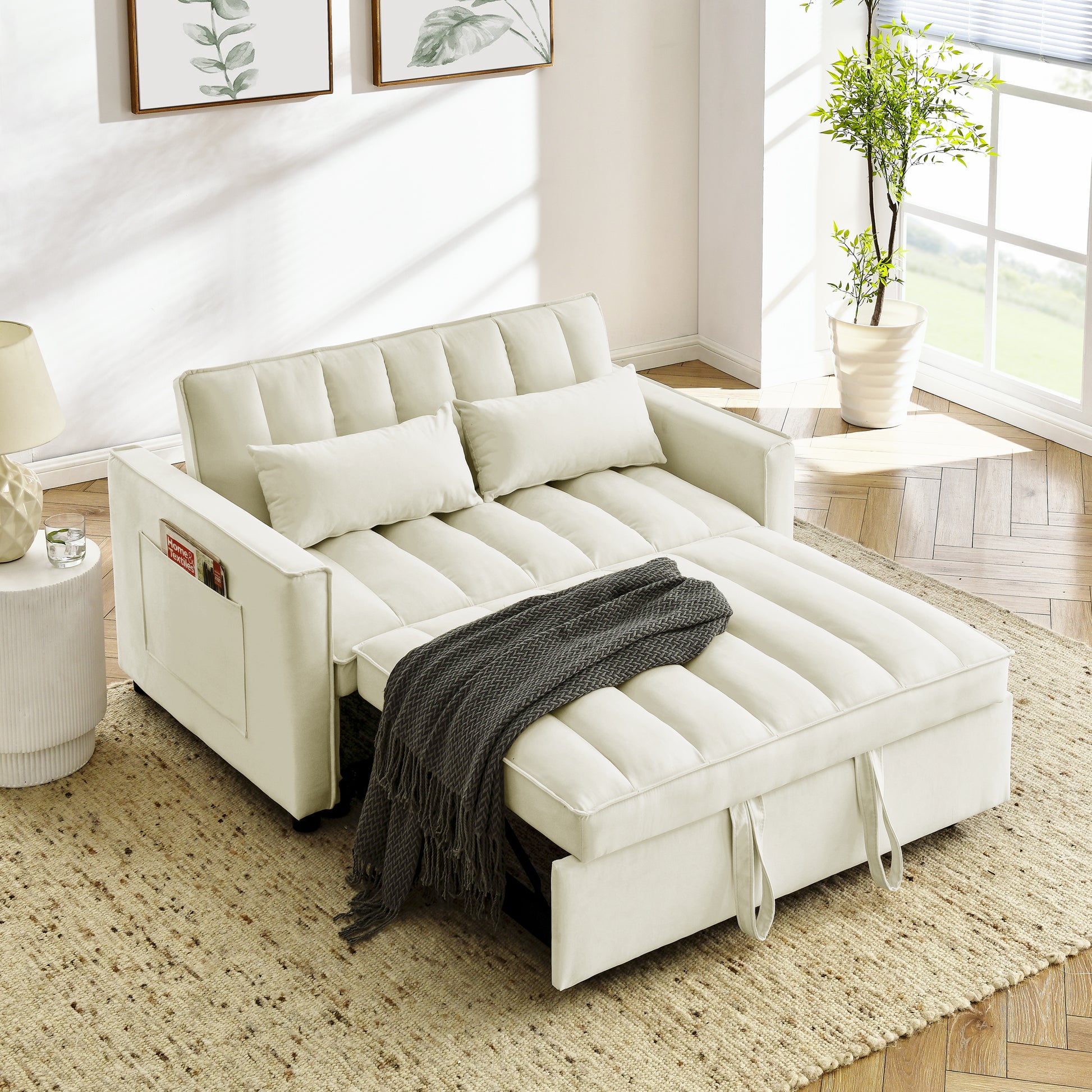 Modern Velvet Seat Sofa Couch Pull Out Bed,3 In One Convertible For Living Room Sofa Bed,Beige Beige Velvet Primary Living Space Cushion Back Medium Soft Medium Duty American Design Pillow Top Arms Foam Velvet 2 Seat
