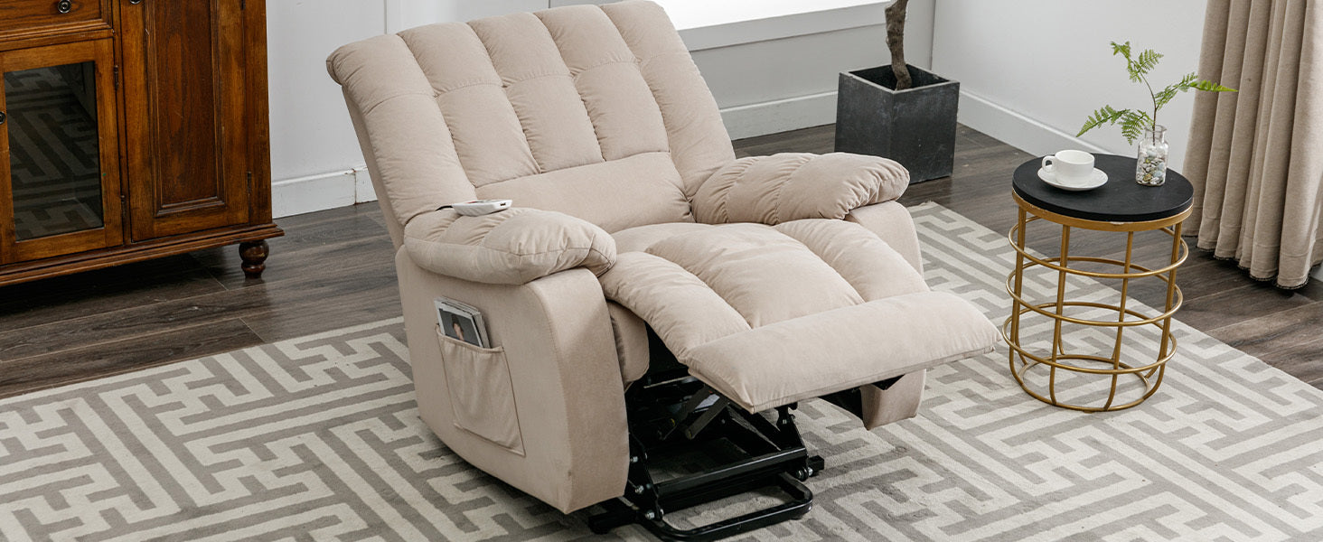 Massage Recliner Chair Electric Power Lift Recliner Chairs With Heat, Vibration, Side Pocket For Living Room Bedroom, Beige Beige Velvet