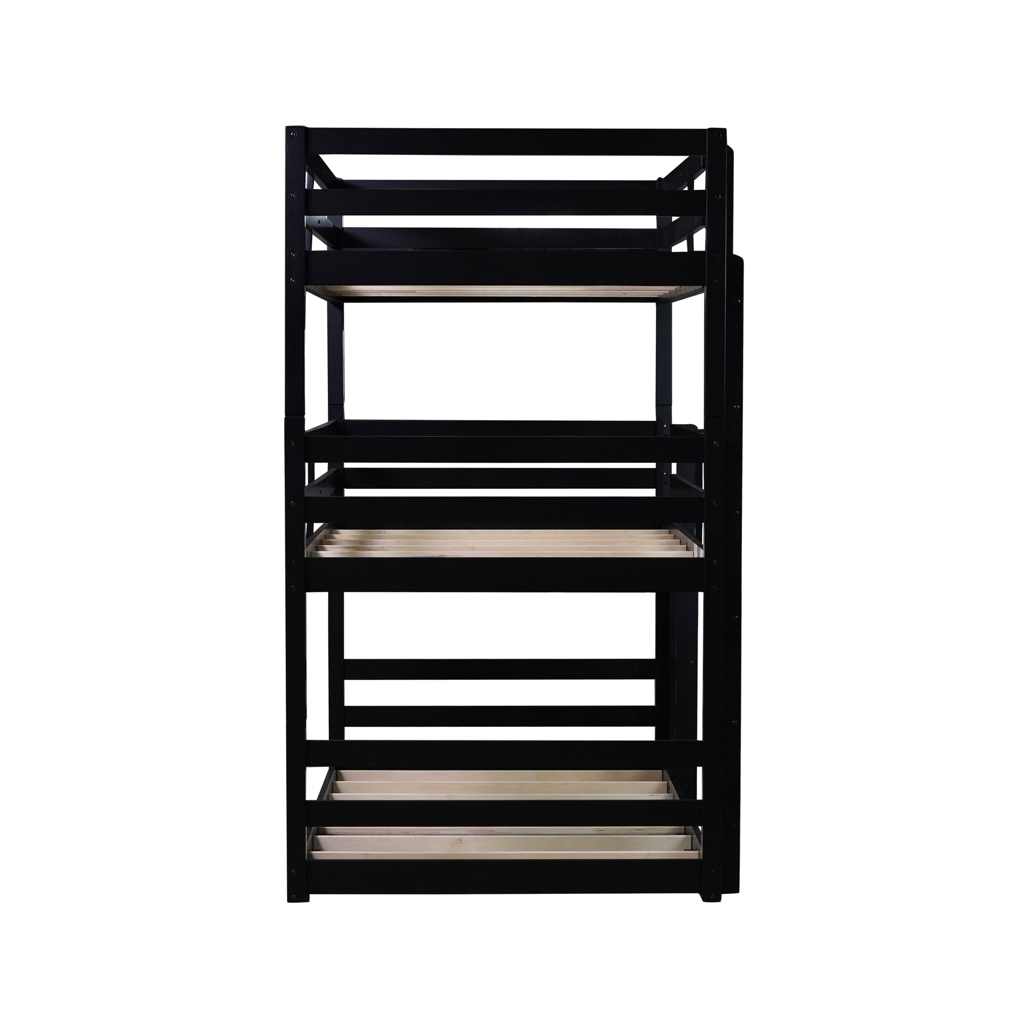 Triple Rubber Wood Bunk Bed With Two Built In Ladders, Guardrails, Twin Over Twin Over Twin, Detachable Triple Twin Bunk Bed,Black Twin Black Bedroom American Design Bed Frame Rubber Wood