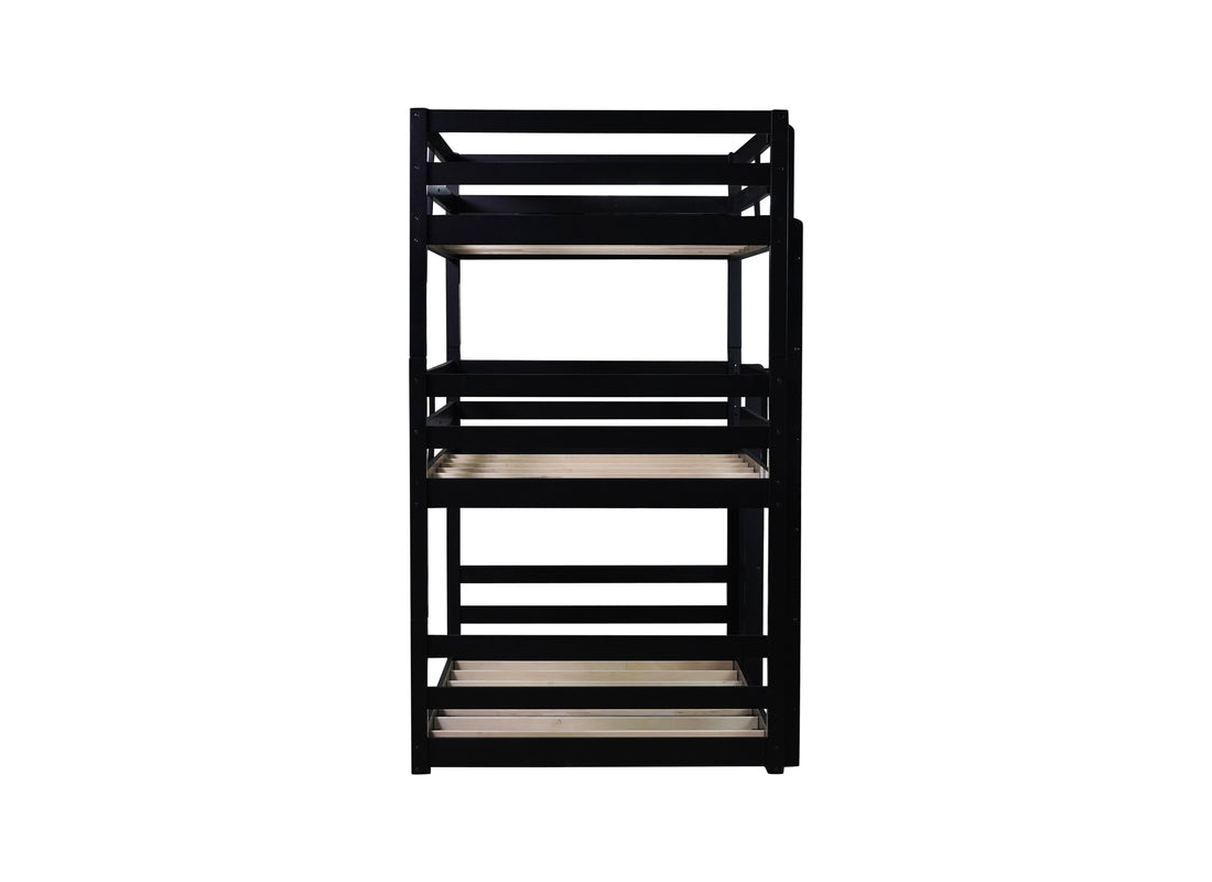 Triple Rubber Wood Bunk Bed With Two Built In Ladders, Guardrails, Twin Over Twin Over Twin, Detachable Triple Twin Bunk Bed,Black Twin Black Bedroom American Design Bed Frame Rubber Wood