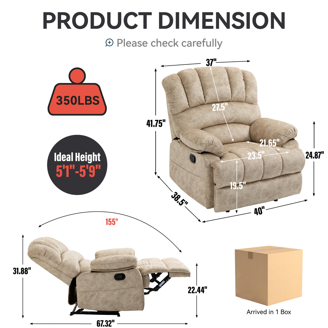 Large Manual Recliner Chair In Fabric For Living Room, Beige Beige Velvet Manual Handle Metal Primary Living Space Medium Firm Cushion Back Heavy Duty American Design Pine Pillow Top Arms Fiber Foam And Polyester Fiber Pad Fabric