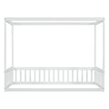 Twin Size Canopy Frame Floor Bed With Fence, Guardrails,White Twin White American Design Pine