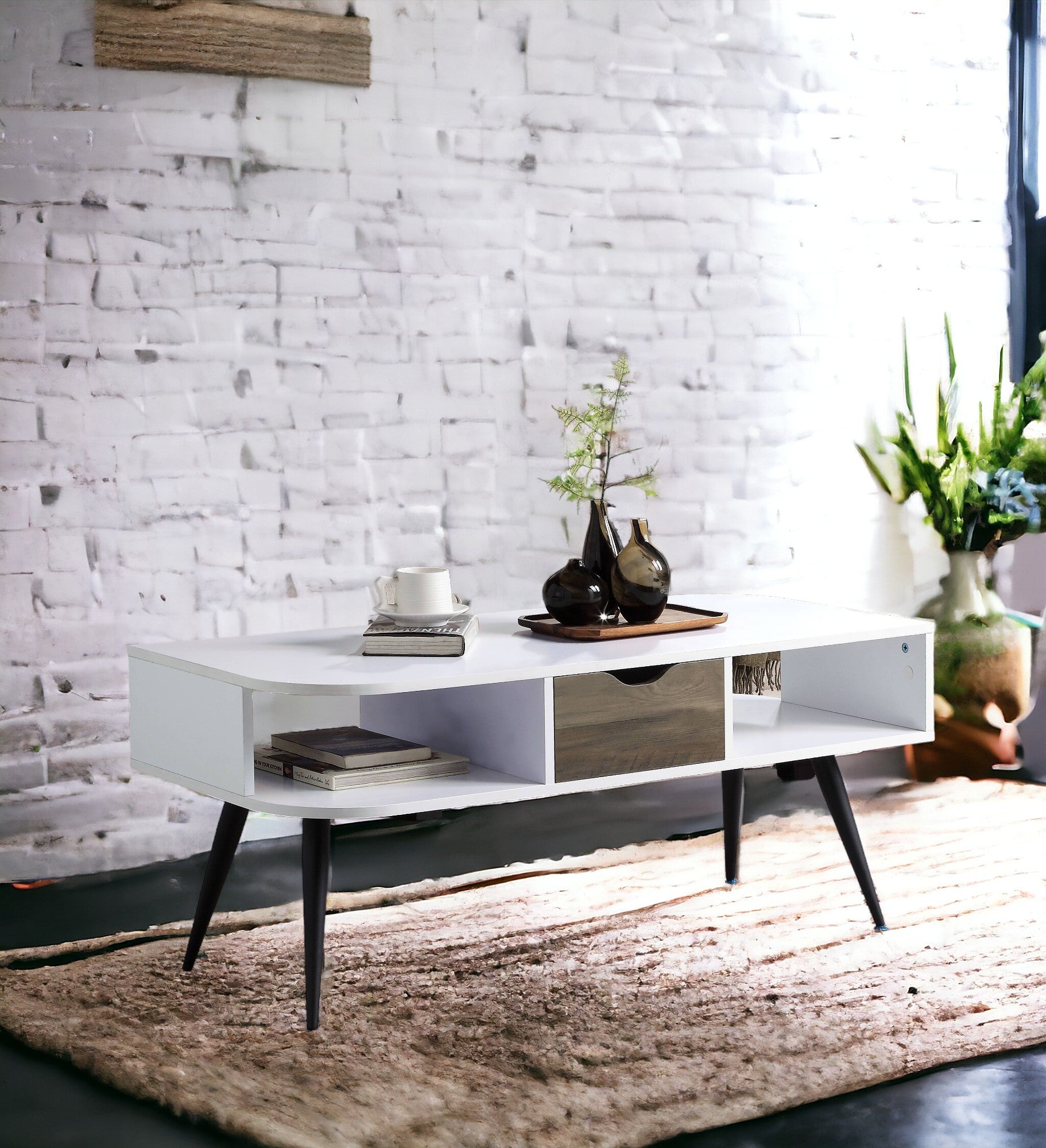 Halima White & Black Finish Coffee Table Black,White Metal,Synthetic Wood