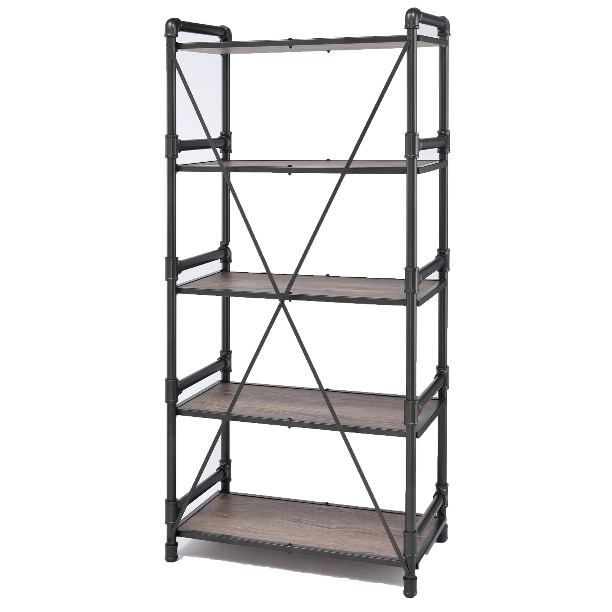 Rustic Oak And Black Bookshelf With 5 Shelves 5 Rustic Vertical Open Back Metal Contemporary Wood Metal