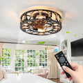 Caged Ceiling Fan With Lights Remote Control, Low Profile Flush Mount Farmhouse Modern Ceiling Fans, 6 Speeds Reversible Blades, 5 Led Bulbs Include Black Black Abs Iron