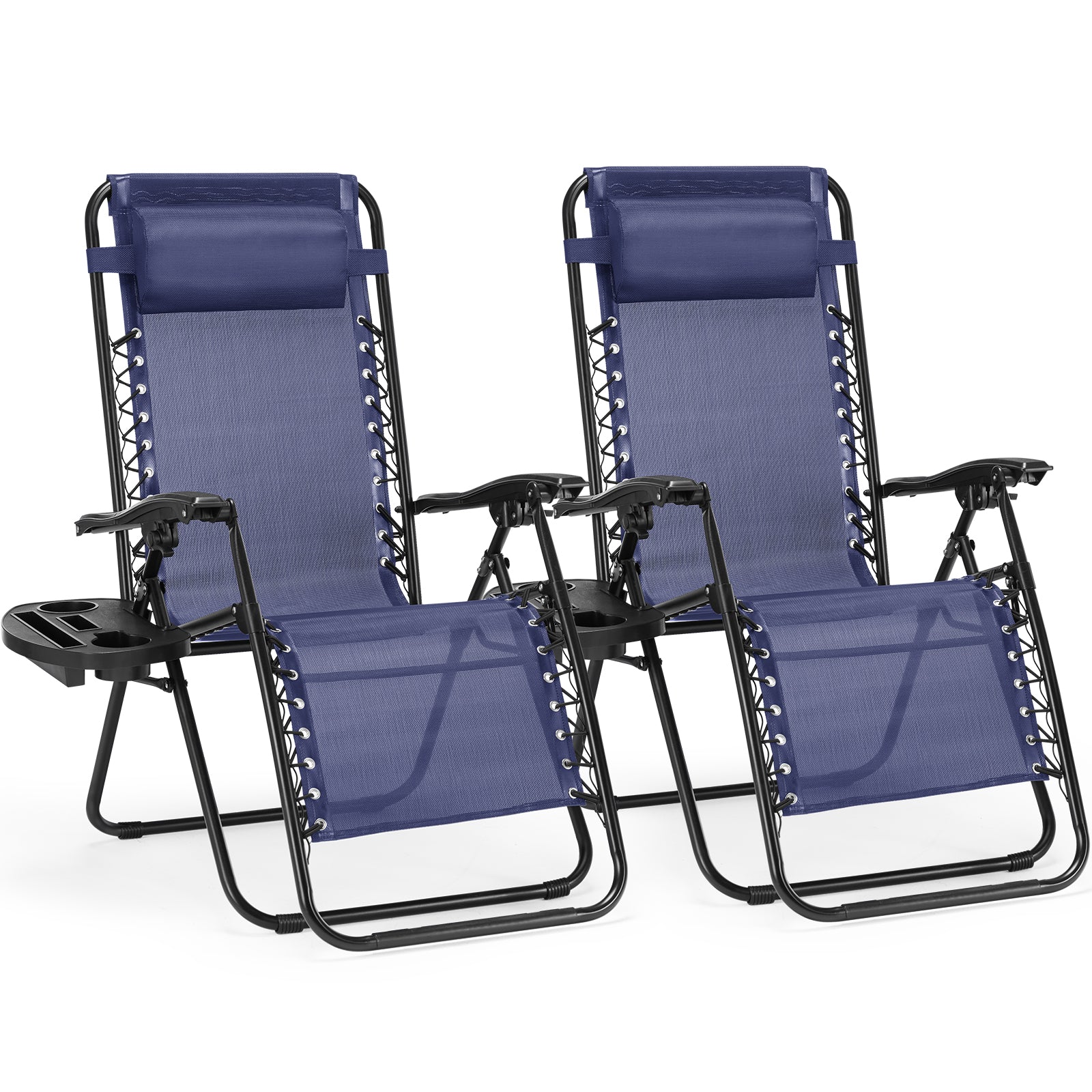 Set Of 2 Zero Cravity Lounge Chairs,Outdoor Patio Folding Recliners For Pool Beach With Pillow And Cup Holder, Blue Blue Stainless Steel