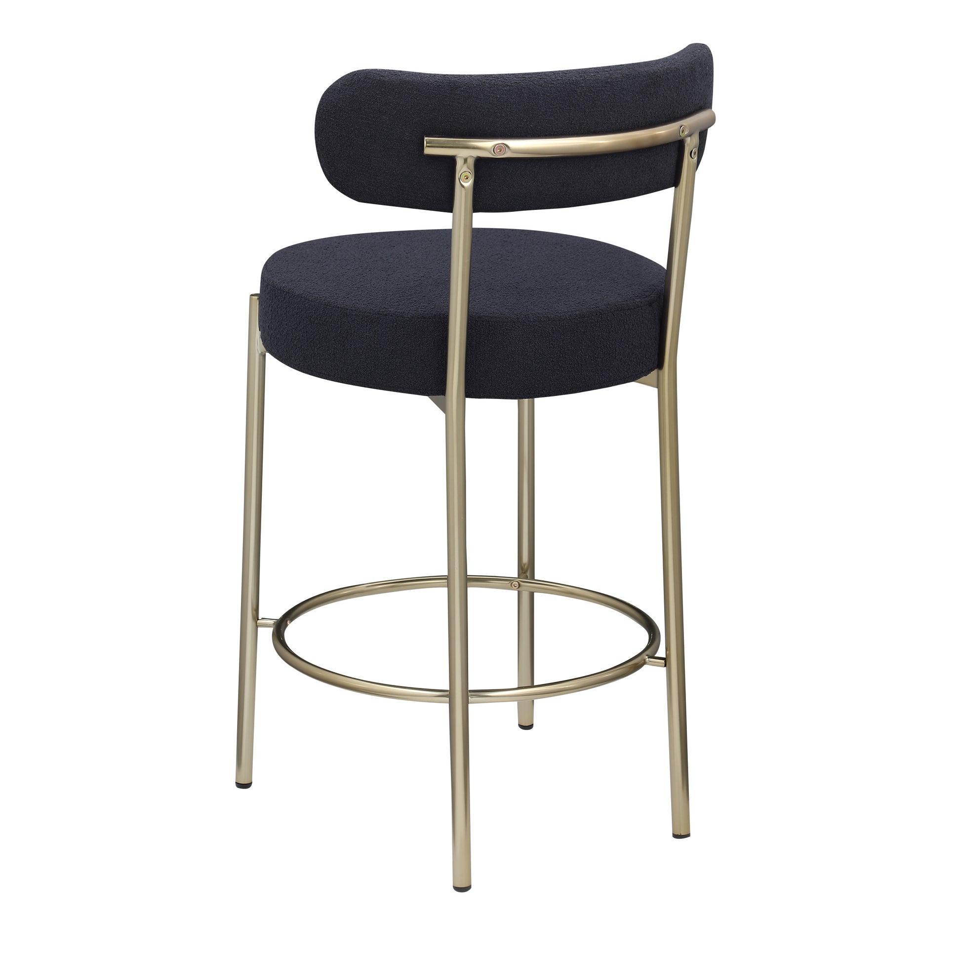 Modern Sherpa Counter Height Stools Set Of 2, Uphsoltered 26" Seat Height Barstools With Brushed Brass Metal Legs Round Low Back Kitchen Stools With Footrest For Dining Room, Black Iron Black Gold Dining Room Foam Round Dining Chairs Foam Metal