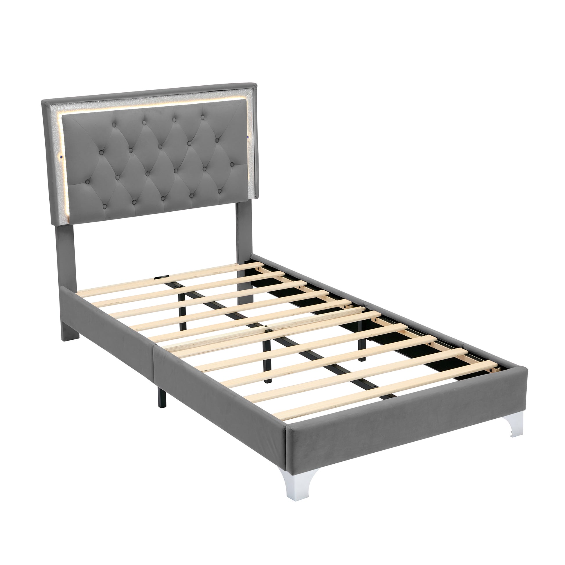 Twin Size Upholstered Bed Frame With Led Lights,Modern Velvet Platform Bed With Tufted Headboard,Grey Twin Grey Velvet