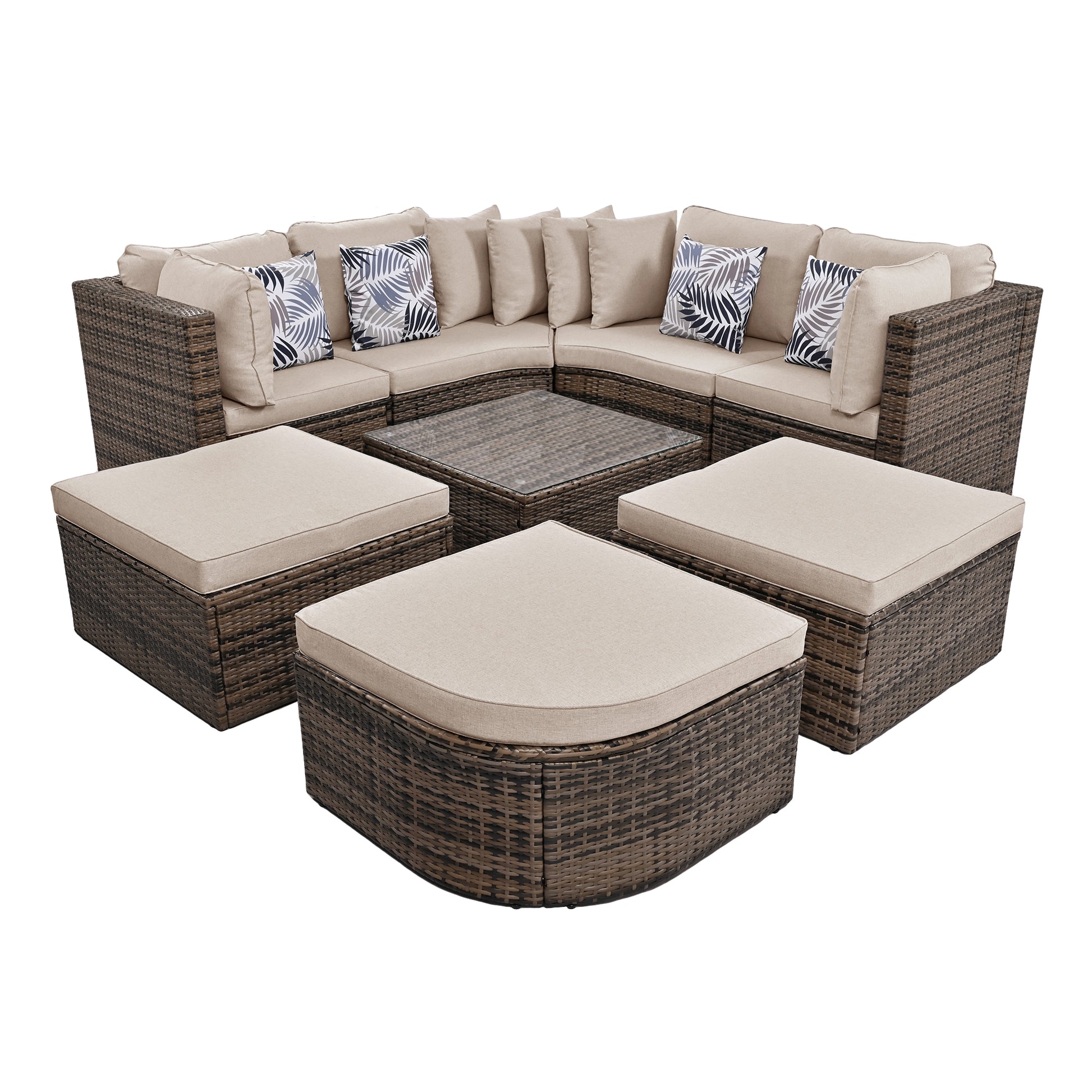 8 Piece Outdoor Wicker Sofa Set, Rattan Sofa Lounger, With Colorful Pillows, Conversation Sofa, For Patio, Garden, Deck, Brown Wicker, Beige Cushion Yes Brown Garden & Outdoor Complete Patio Sets Foam Wicker