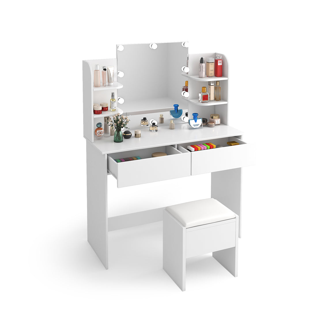 Modern Dressing Table With 2 Drawers, 4 Open Shelves Rectangular Makeup Table With Mirror, 10 Lamp Bulb,42.52*15.75* 52.76Inch,For Bedroom White Particle Board Mdf