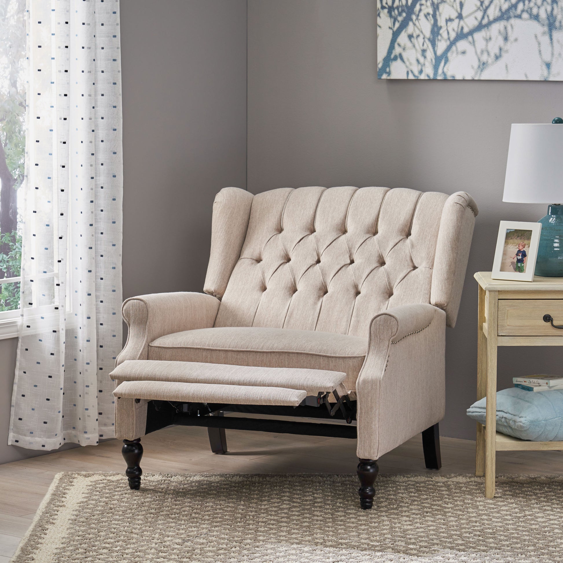 One And Half Seater Recliner Beige Fabric