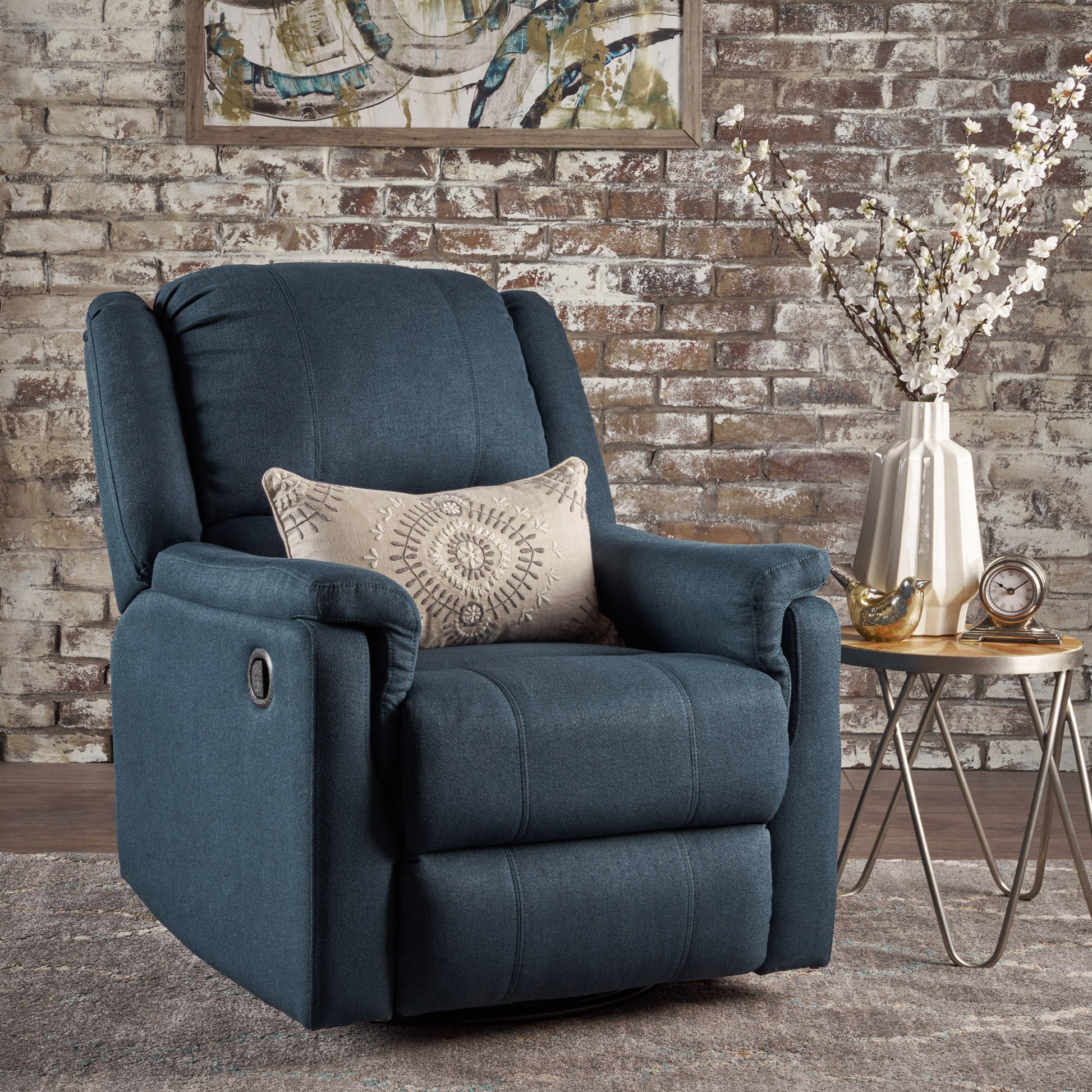 Glider Recliner With Swivel Navy Blue Fabric