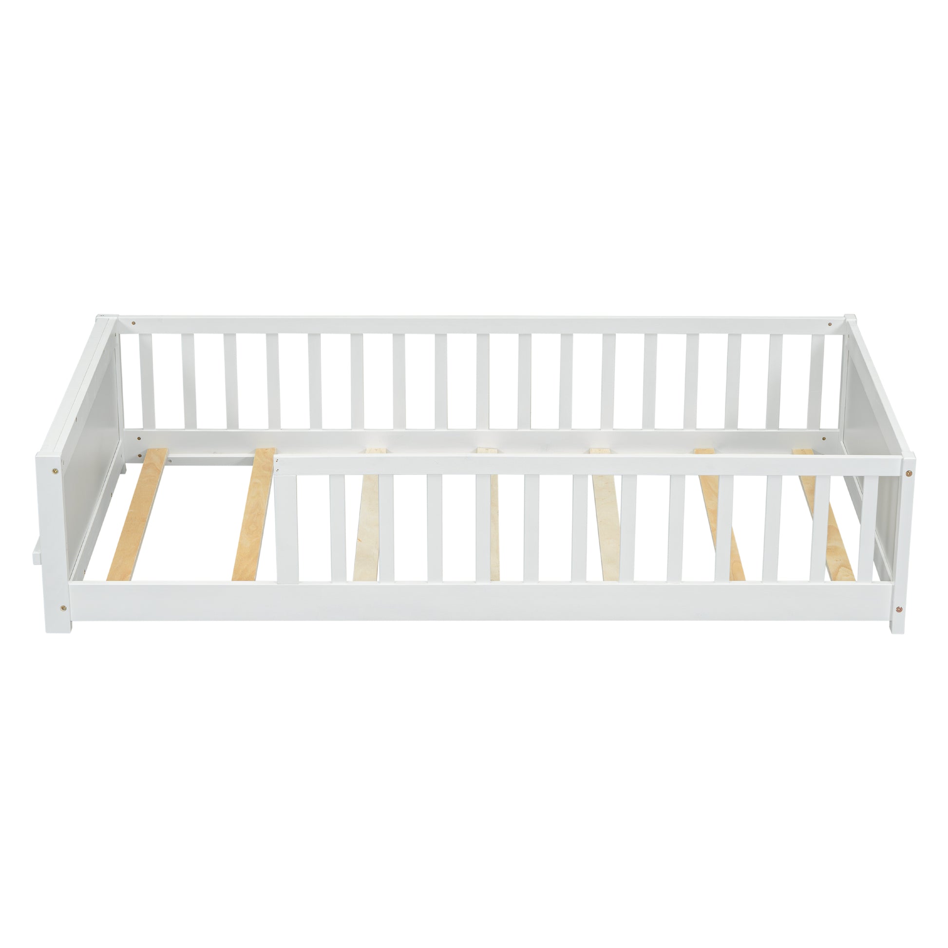 Twin Size Floor Platform Bed With Built In Book Storage Rack,White Twin White American Design Pine