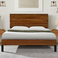 Mid Century Modern Solid Wood Bed Frame Queen Size Platform Bed With Six Piece Headboard Design, No Box Spring Needed, Brown Queen Brown Pine