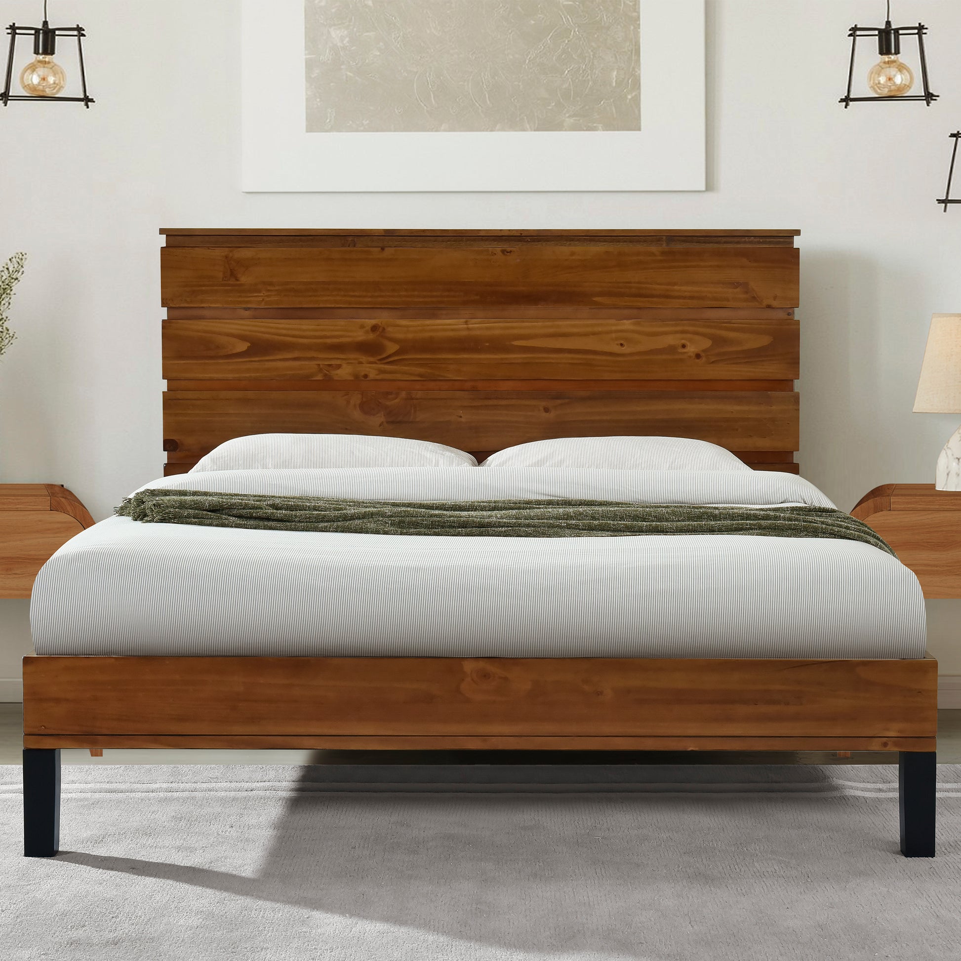 Mid Century Modern Solid Wood Bed Frame Full Size Platform Bed With Six Piece Headboard Design, No Box Spring Needed, Brown Full Brown Pine