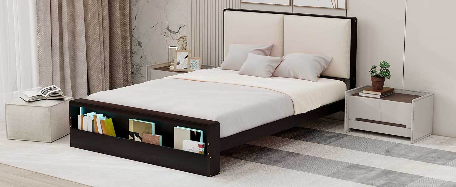 Queen Size Platform Bed Frame With Upholstery Headboard And Bookshelf In Footboard And Led Light Strips, Espresso Queen Espresso Solid Wood Mdf