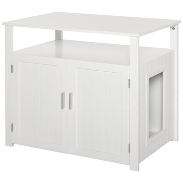 Pawhut Wooden Cat Litter Box Enclosure Furniture With Adjustable Partition, Cat Washroom End Table With Open Shelf, White White Mdf