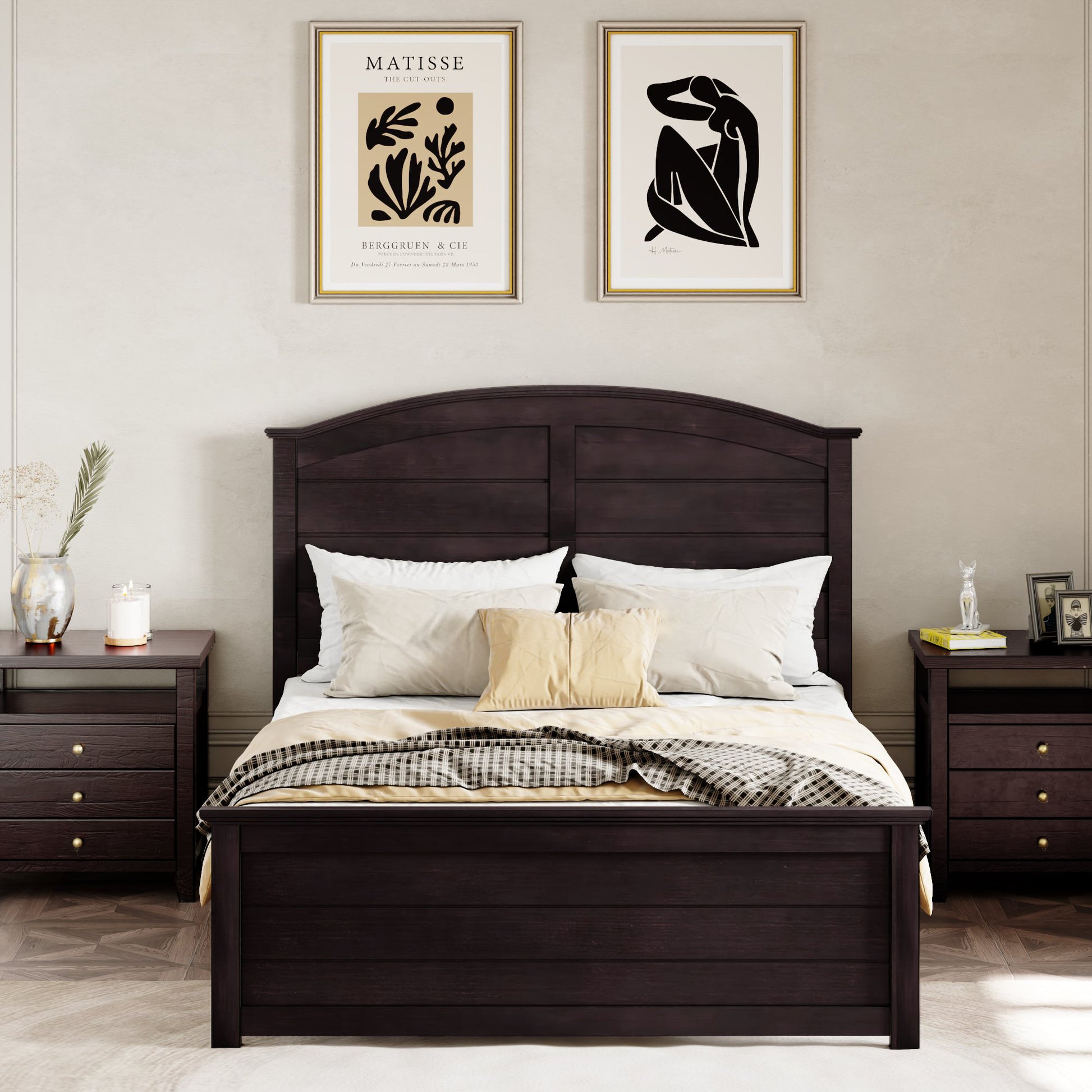 Farmhouse Wooden Platform Queen Size Bed With Curl Design Headboard And Footboard For Teenager, Espresso Queen Espresso Pine