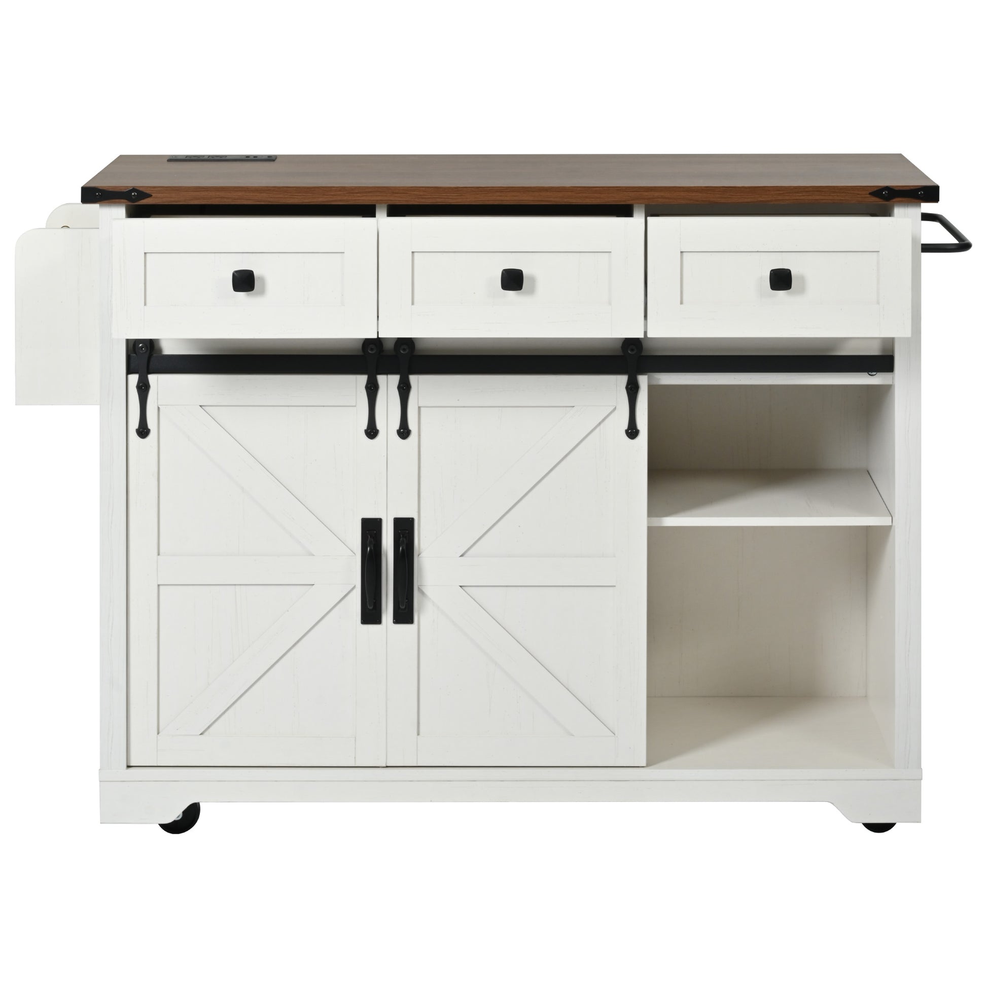 K&K 53.7" Farmhouse Kitchen Island With Power Outlet, 2 Sliding Barn Door Kitchen Storage Island With Drop Leaf, Spice Rack Rolling Kitchen Cart On Wheels, For Home, Kitchen And Dining Room, White