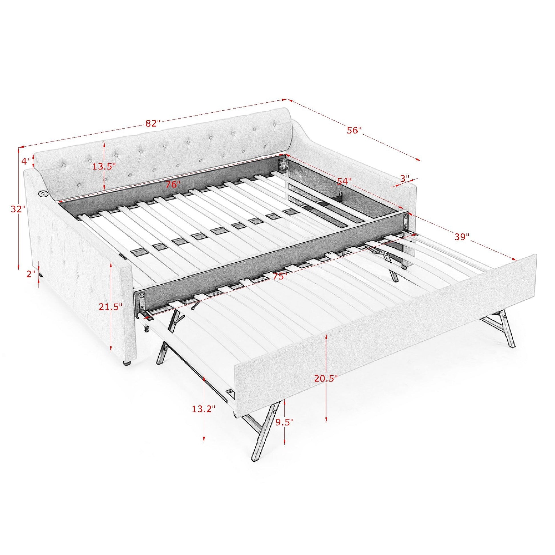 Full Size Upholstery Daybed With Twin Size Erectable Trundle And Usb Charging Design, Linen Grey Box Spring Not Required Full Grey Linen Linen