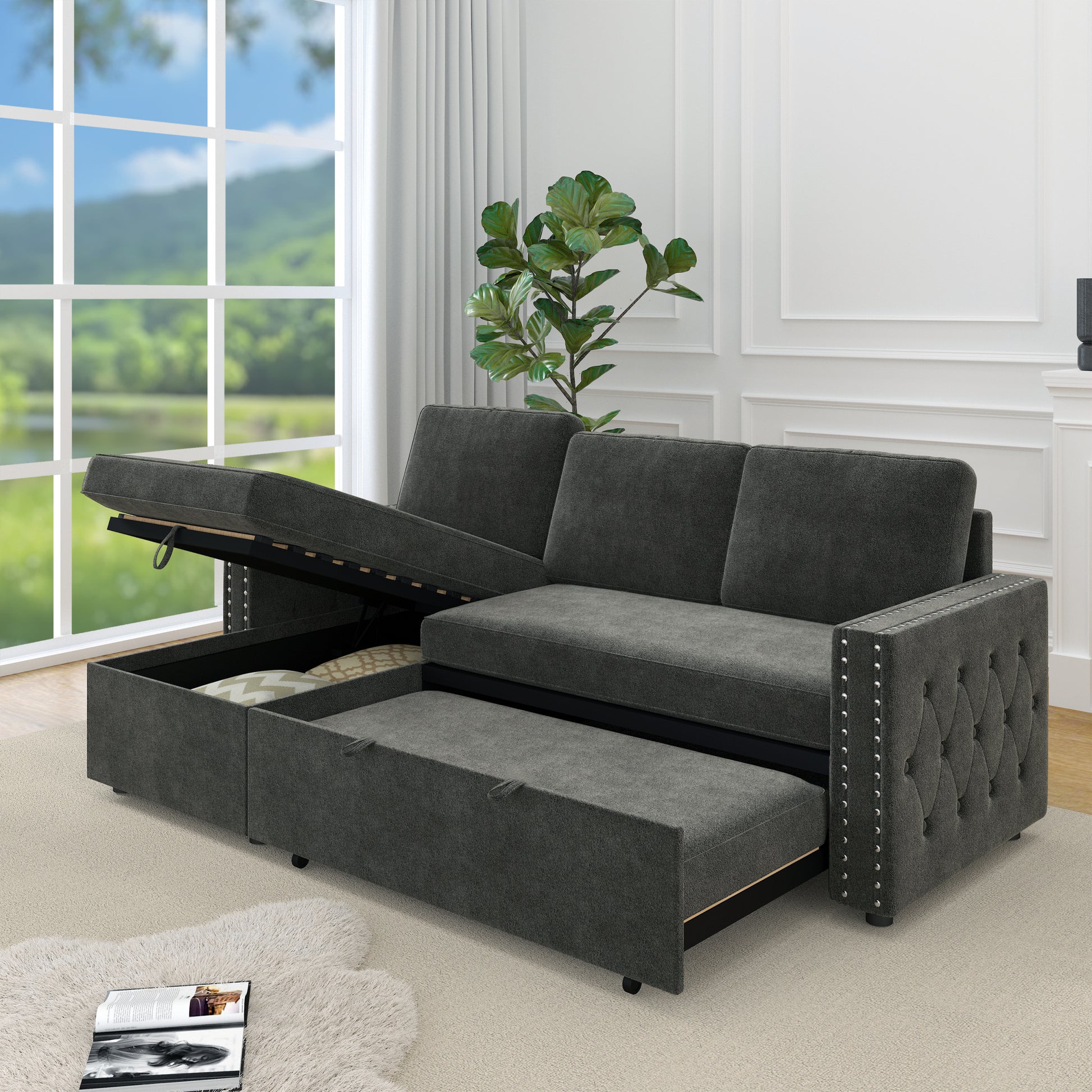 85 Inches Sofa Bed, 3 Seater Sleeper Sofa With Storage Chaise, Square Handrail With Pull And Copper Nail,Chenille Dark Grey, Pull Out Couch For Living Room Dark Grey Chenille 3 Seat